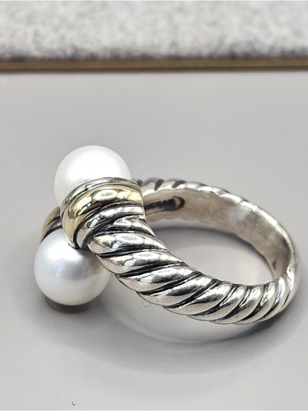 Sterling Silver and 18 Karat Yellow Gold David Yurman Pearl Bypass Ring - Picture 3 of 3
